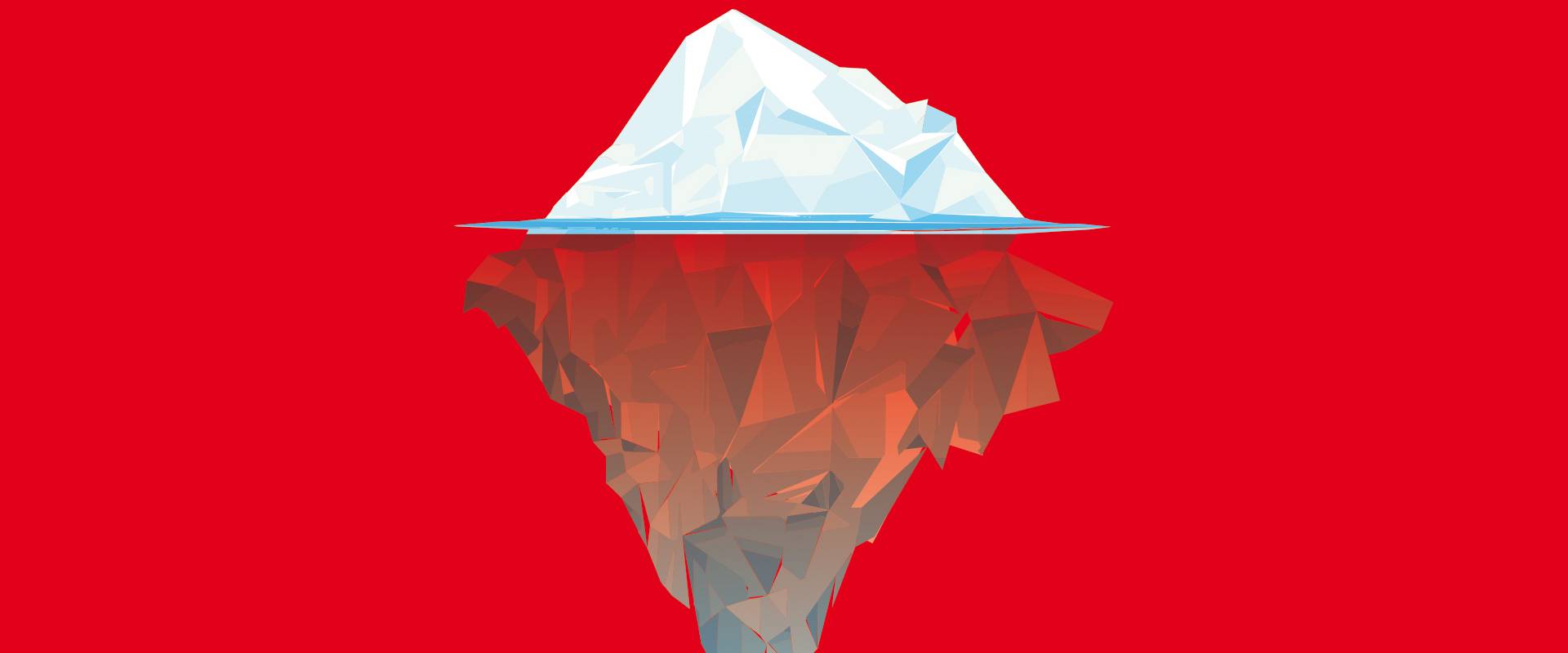 Eisberg, halb unter Wasser auf rotem Hintergrund